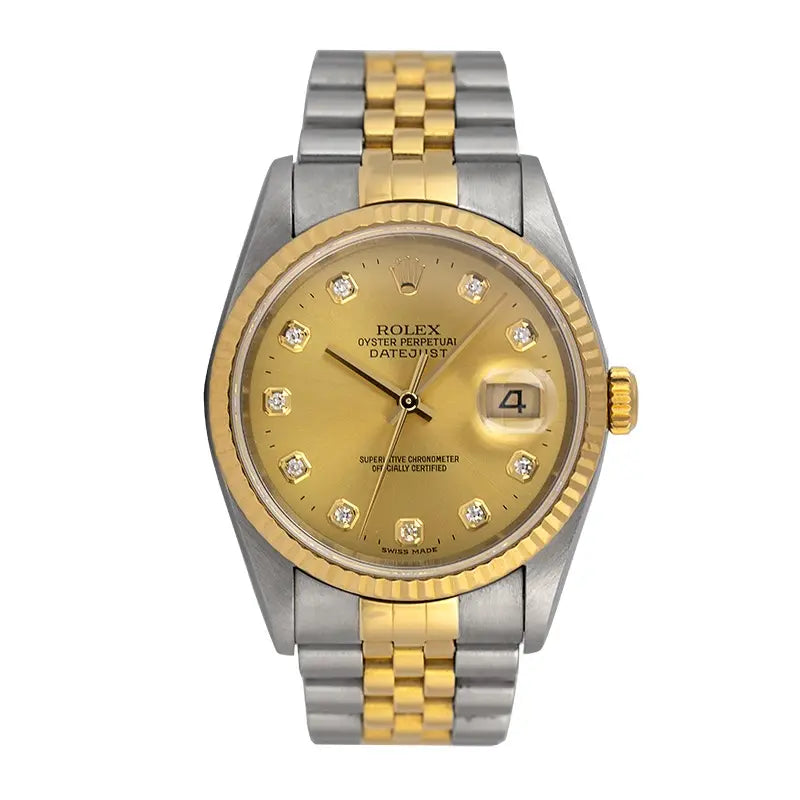 Full view of Datejust 16233 yellow gold with champagne diamond dial