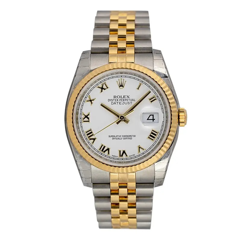 Full view of Datejust 116233 white roman dial & fluted bezel jubilee bracelet