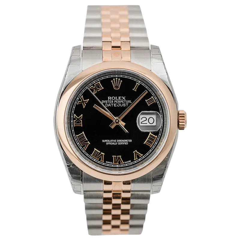 Full view of Rolex 116201 black dial with rose gold roman numerals