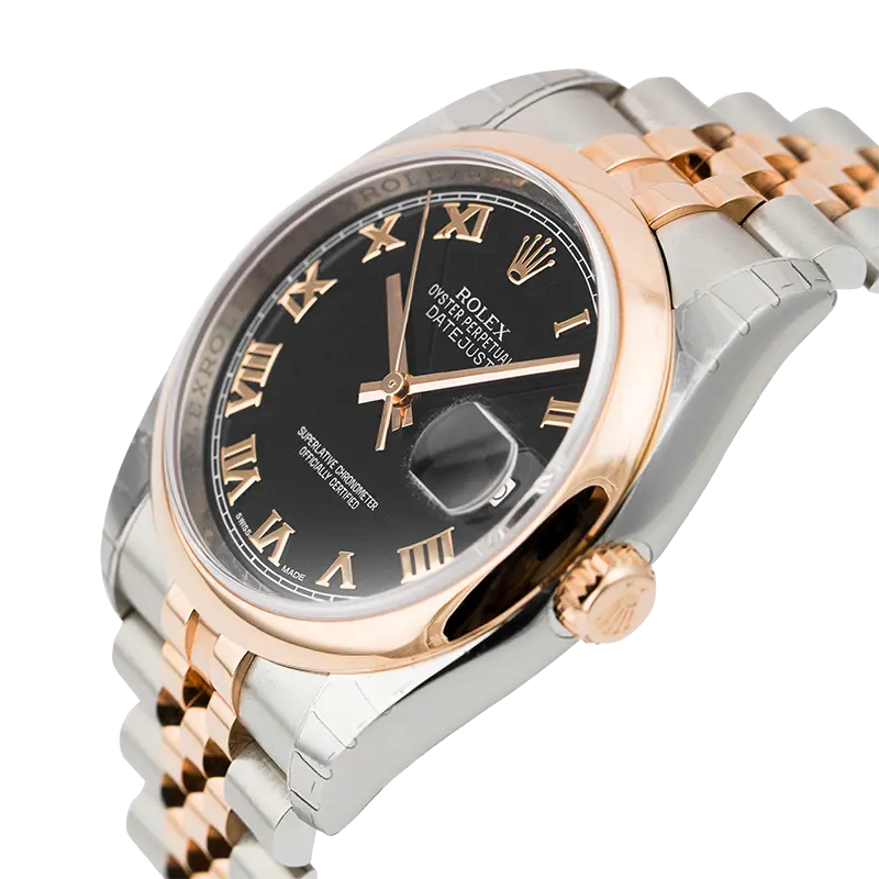 Side view of DateJust 116201 combination of steel and rose gold metal