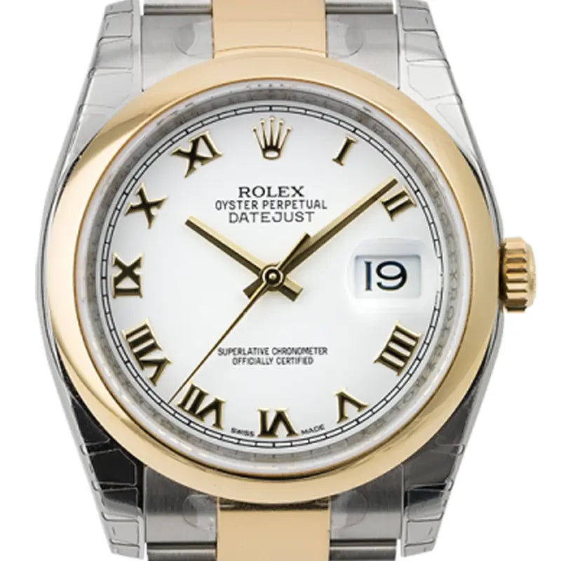 Close up - Rolex DateJust 36mm Yellow Gold and Steel White/Roman 116203