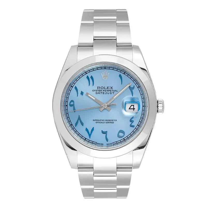 Full view of Datejust 126300 custom Ice-Blue dial with blue arabic numerals