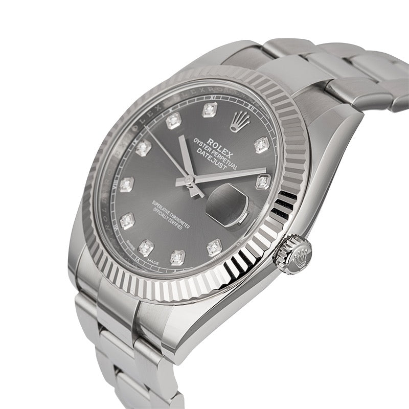 crown side of the Rolex Datejust 41 Rolesor Dark RhodiumDiamonds Oyster 126334