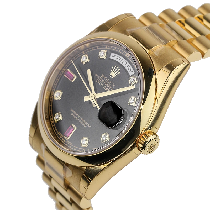 Side view of Rolex Day-Date 36mm Yellow Gold Black Diamond President 118208