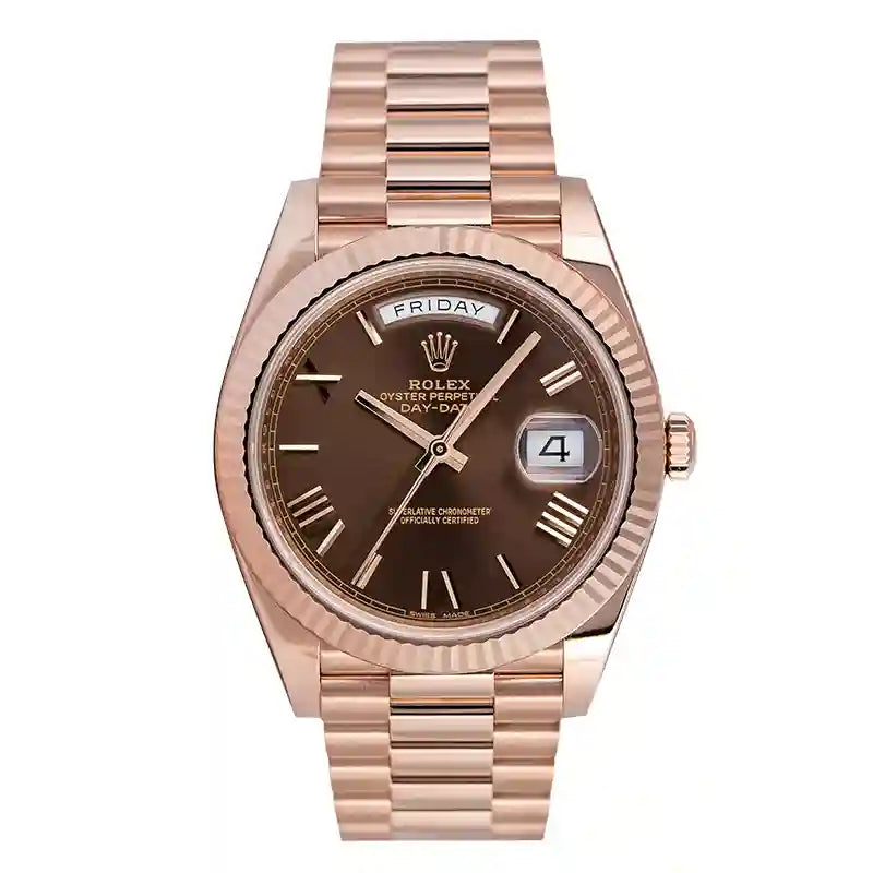 Full view - Rolex Day-Date 40 18ct Everose Gold Chcolate/Roman Dial