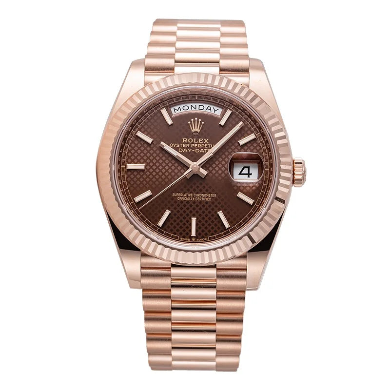 Full view of the Rolex Day-Date 40 18ct Everose Gold with Chocolate Diagonal Motif reference 228235