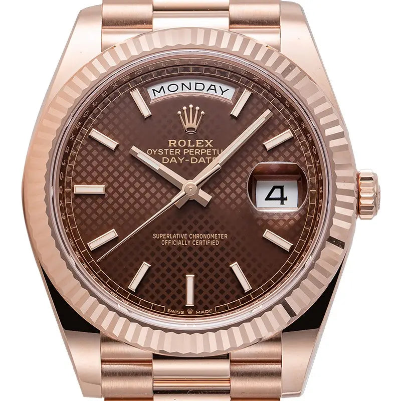 Close up of the Rolex Day-Date 40 18ct Everose Gold with Chocolate Diagonal Motif reference 228235