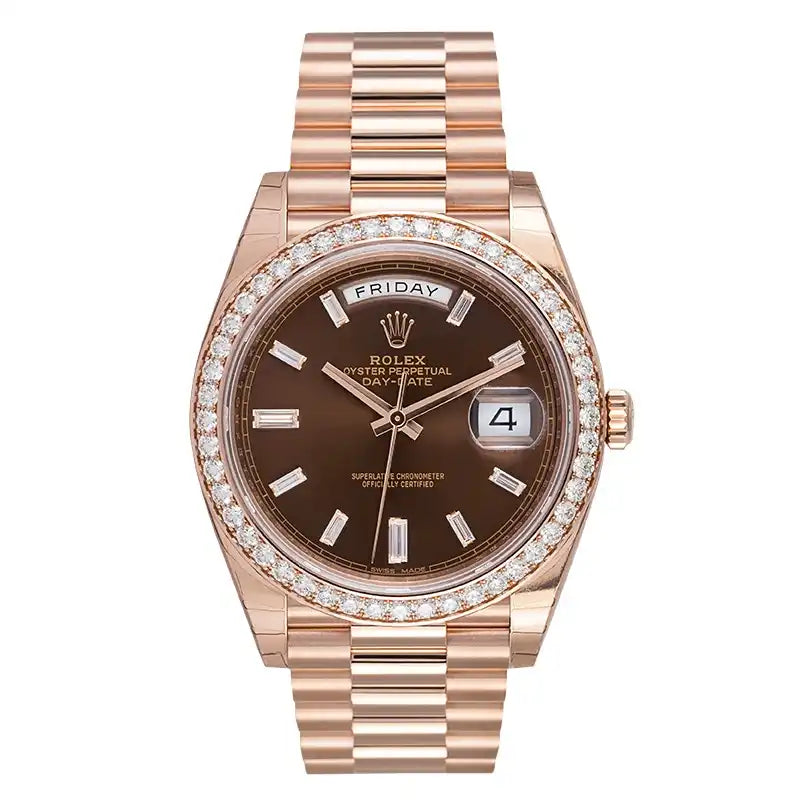 Full view - Rolex Day-Date 40 18ct Everose Gold Chocolate Dial Set with Diamonds