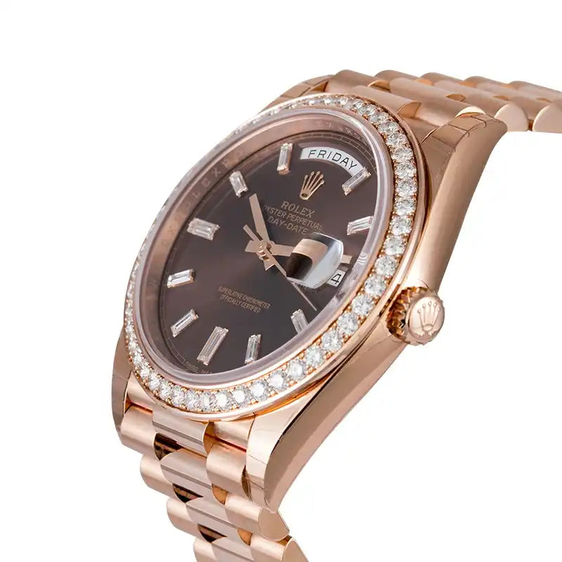 Side view - Rolex Day-Date 40 18ct Everose Gold Chocolate Dial Set with Diamonds