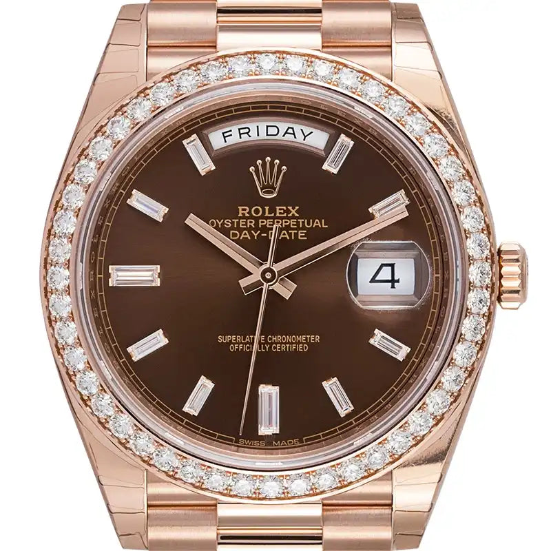Close up - Rolex Day-Date 40 18ct Everose Gold Chocolate Dial Set with Diamonds