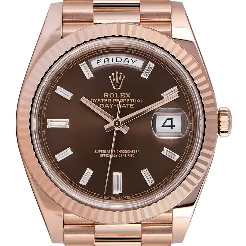 Close up - Rolex Day-Date 40 18ct Everose Gold Chocolate/Diamond