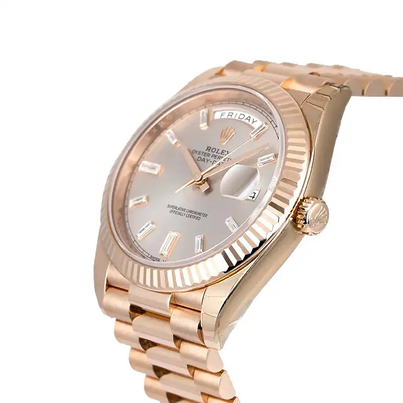 Side view - Rolex Day-Date 40 18ct Everose Gold Silver/Diamond Dial