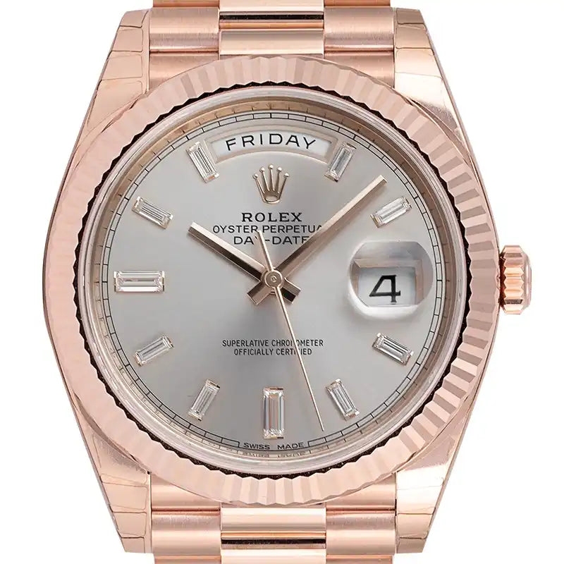 Close up - Rolex Day-Date 40 18ct Everose Gold Silver/Diamond Dial