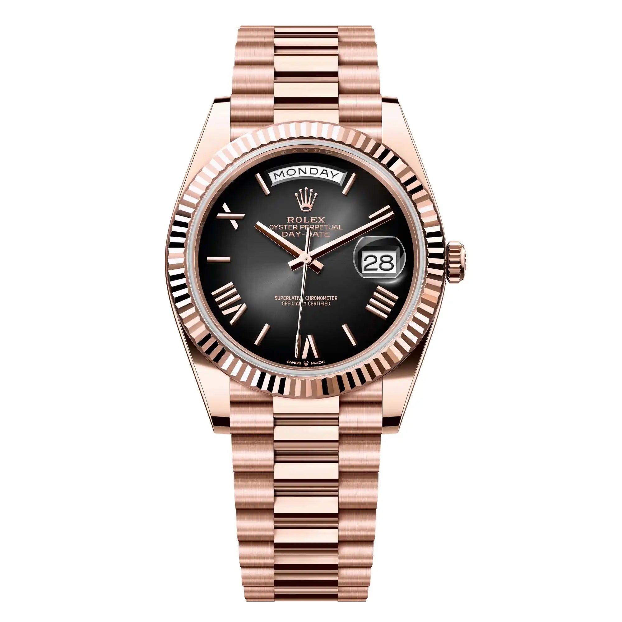 Full view - Rolex Day-Date 40 18ct Everose Gold Watch slate ombré dial