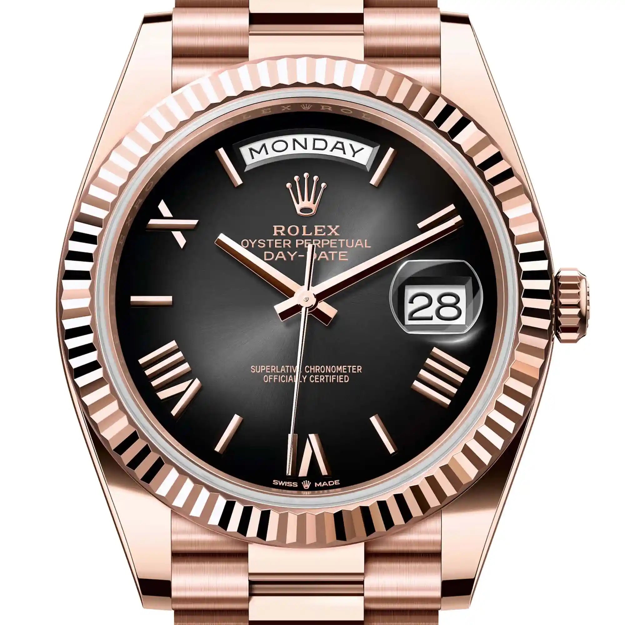 Close up - Rolex Day-Date 40 18ct Everose Gold Watch slate ombré dial