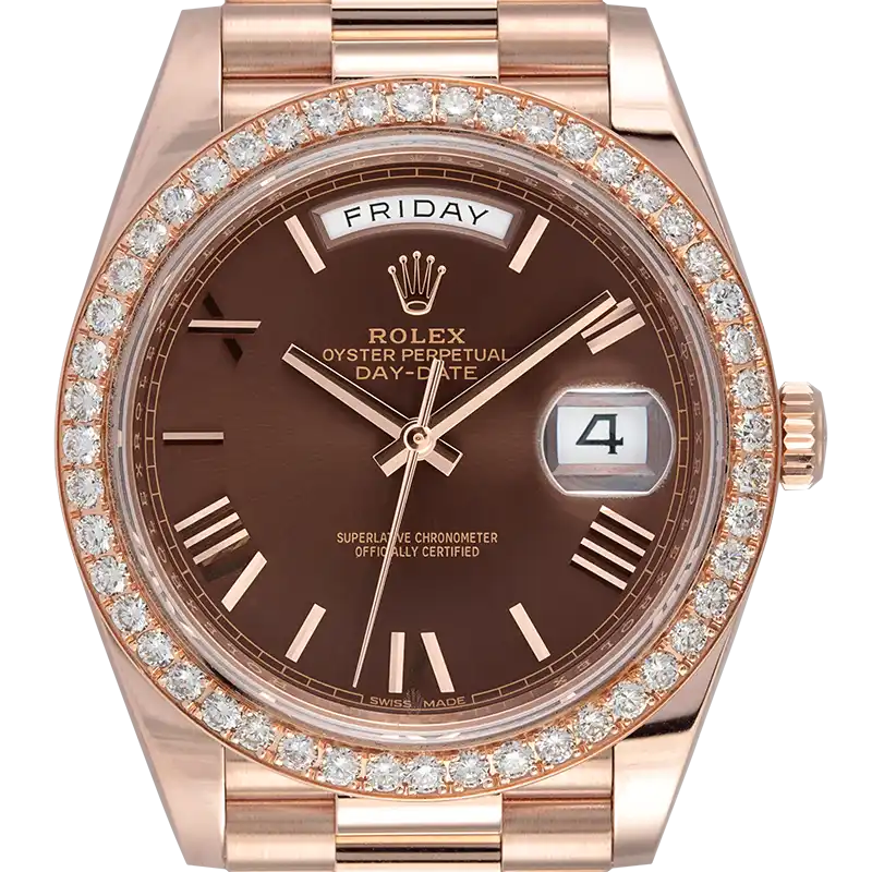 Close-up of a custom bezel on a Rolex Day-Date 40 18ct Everose Gold