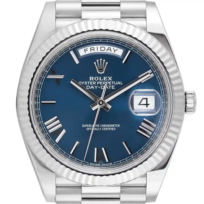 Close up - Rolex Day-Date 40 18ct White Gold Blue Dial 228239