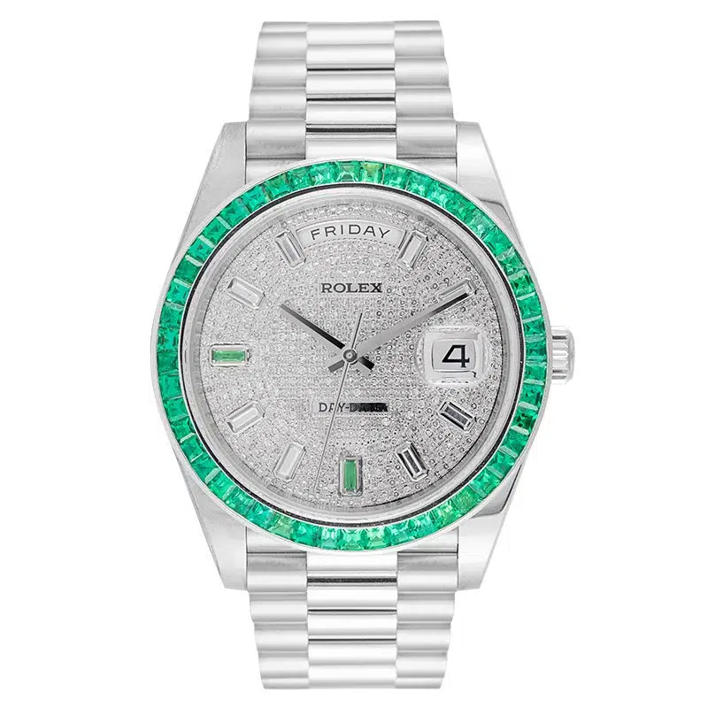 Full view - Rolex Day-Date 40 18ct White Gold Custom Diamond Dial green bezel