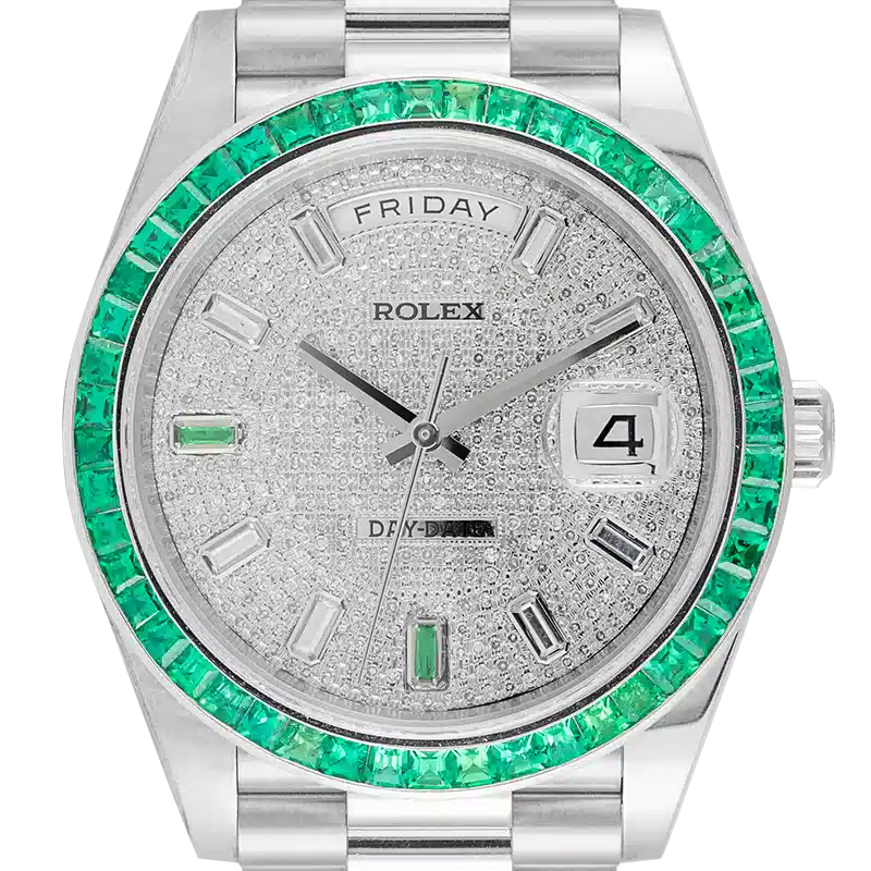 Close up - Rolex Day-Date 40 18ct White Gold Custom Diamond Dial green bezel