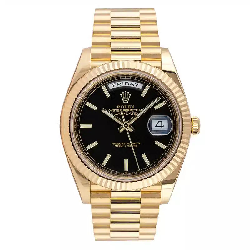 Full view - Rolex Day-Date 40 18ct Yellow Gold Black Diagonal Motif Dial