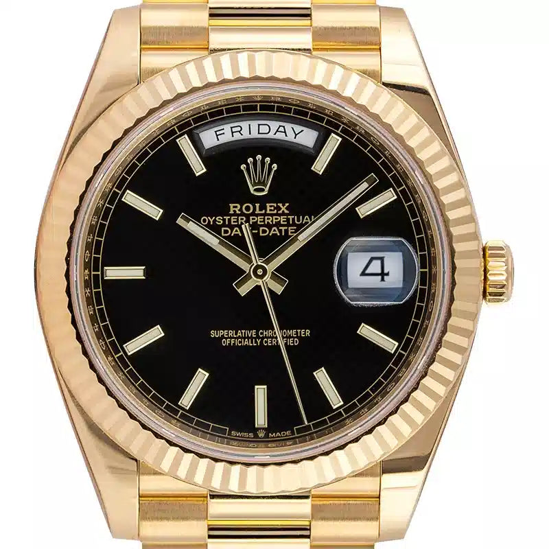 Close up - Rolex Day-Date 40 18ct Yellow Gold Black Diagonal Motif Dial
