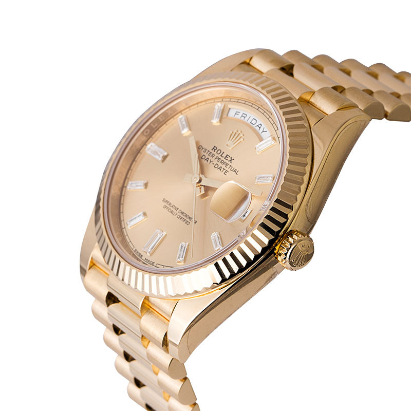 crown side of the Rolex Day-Date 40 18ct Yellow Gold Champagne/Diamonds 228238
