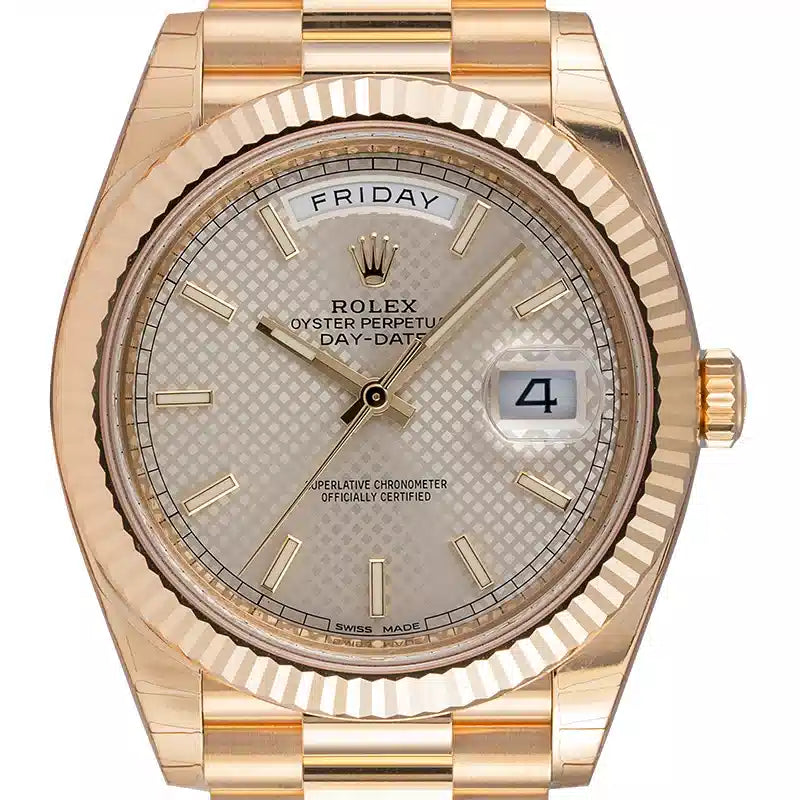 Close up - Rolex Day-Date 40 18ct Yellow Gold Diagonal Motif 228238