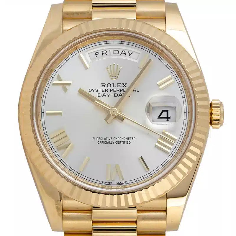 Close up - Rolex Day-Date 40 18ct Yellow Gold Silver/Roman Dial 228238