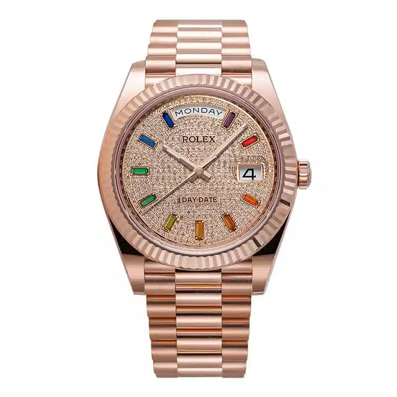 Full view - Rolex Day-Date 40 228235 Rose Gold Custom Diamond Paved / Rainbow Dial