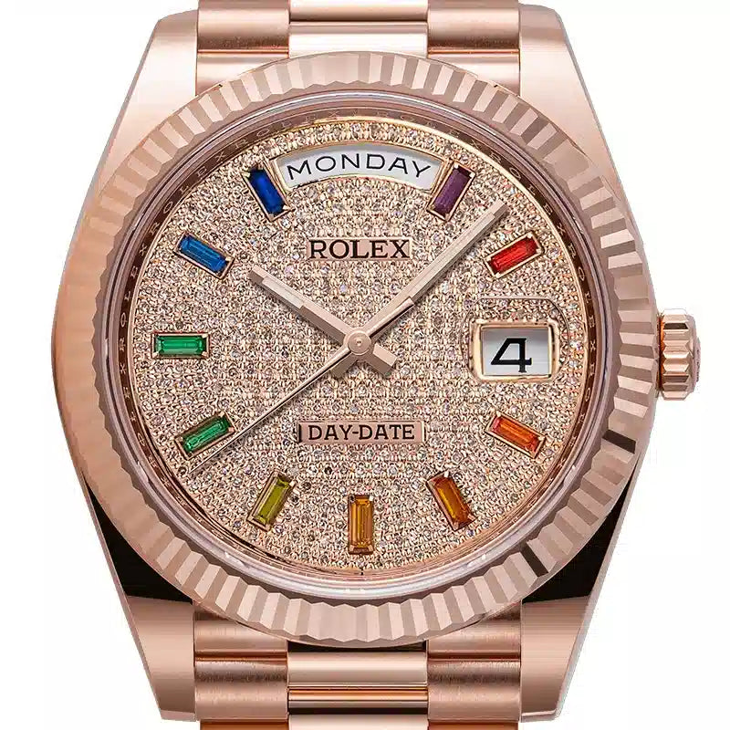 Close up - Rolex Day-Date 40 228235 Rose Gold Custom Diamond Paved / Rainbow Dial