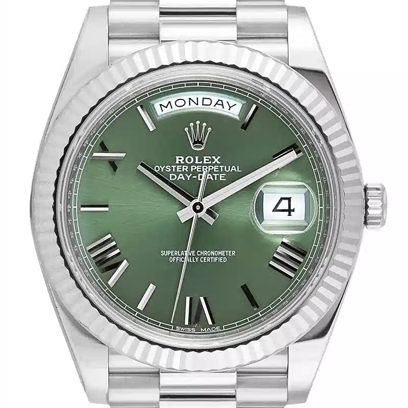 Close up - Rolex Day-Date 40 60th Anniversary 18ct White Gold Olive Green Dial