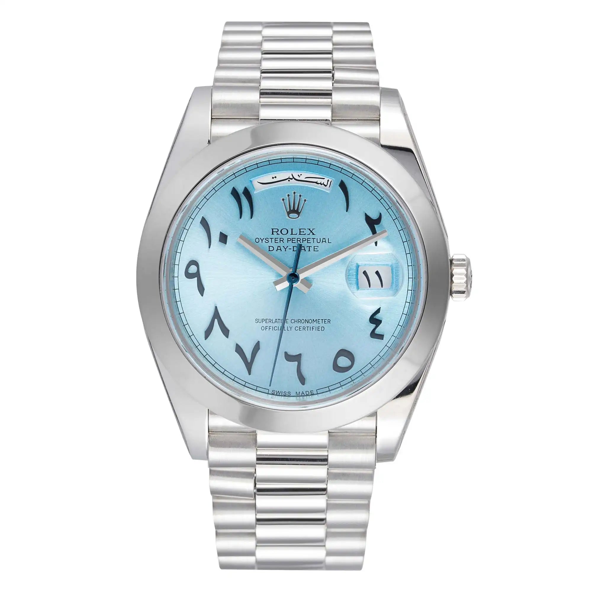 Full view of the Rolex Day-Date 40 in Platinum reference 228206 with Custom Arabic-Indic Dial