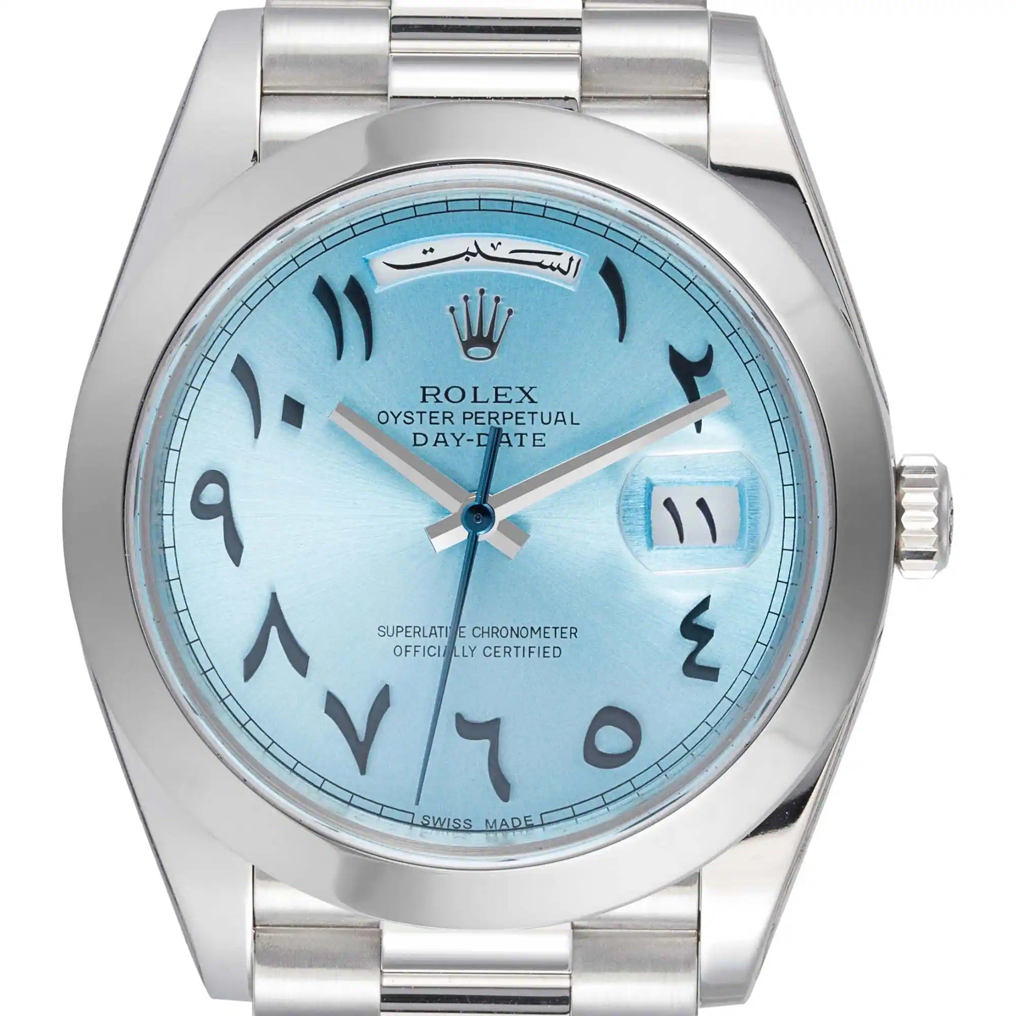 Close up of the Rolex Day-Date 40 in Platinum reference 228206 with Custom Arabic-Indic Dial