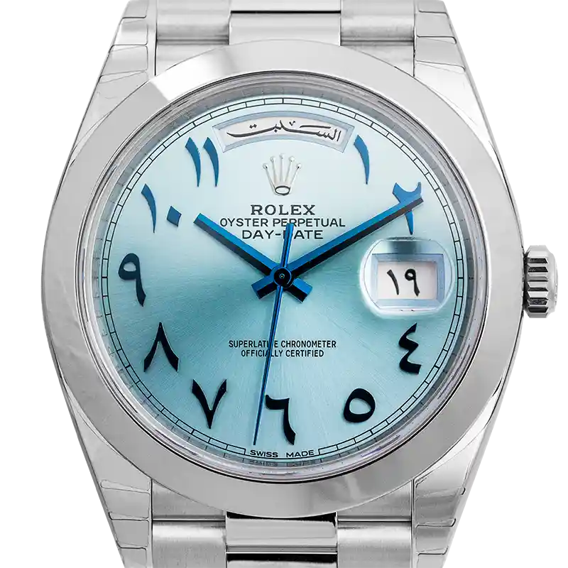 Close up - Rolex Day-Date 40 Platinum Arabic Script Watch 228206