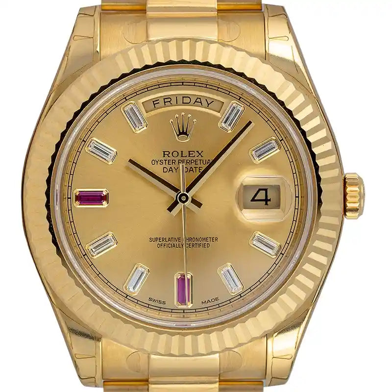 Close up - Rolex Day-Date 41 18ct Yellow Gold Champagne/Diamond Dial