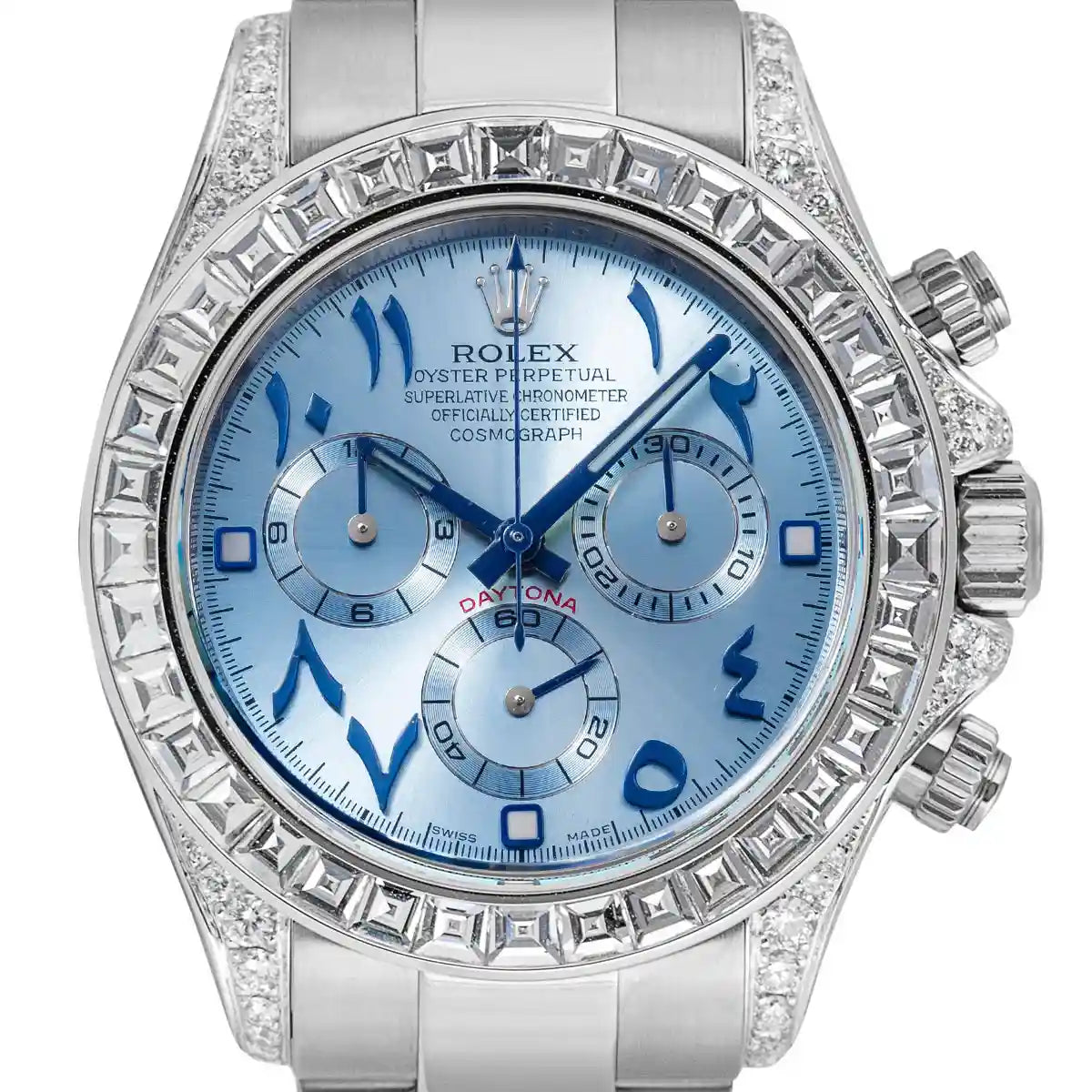Close up - Rolex Daytona 116520 with Custom Arabic Dial & Custom Diamond Bezel