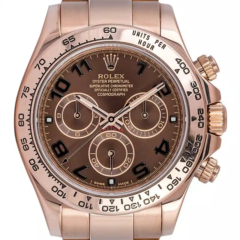 Close up - Rolex Daytona 18ct Everose Gold Chocolate/Arabic Dial