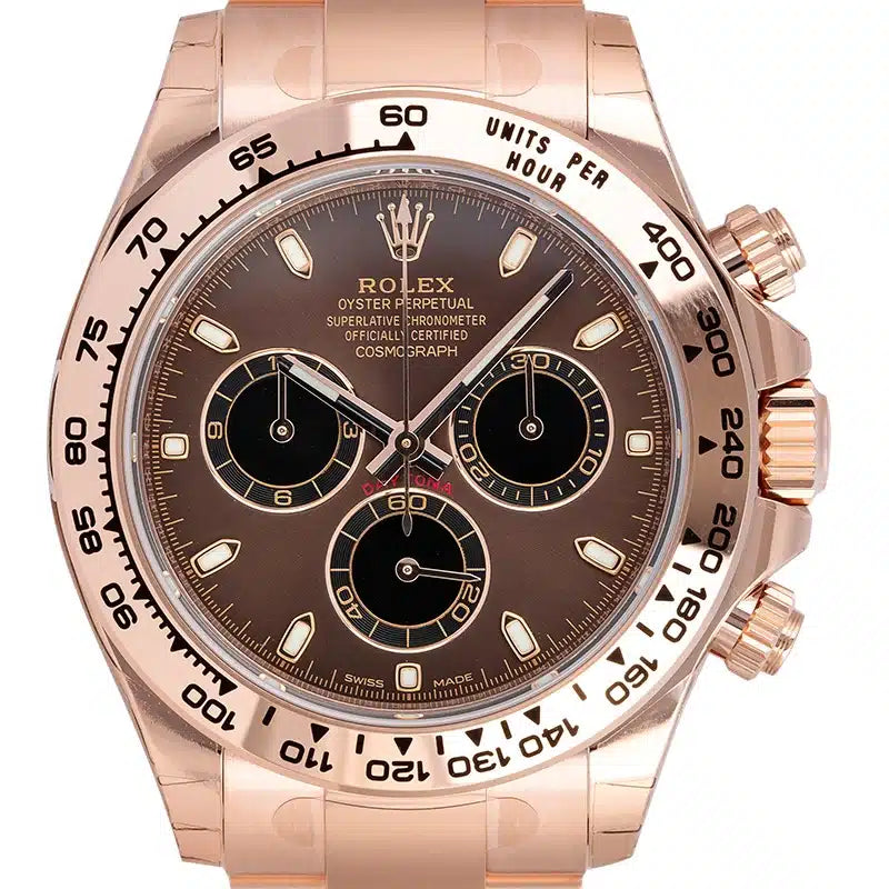 Close up - Rolex Daytona 18ct Everose Gold Chocolate/Black Dial