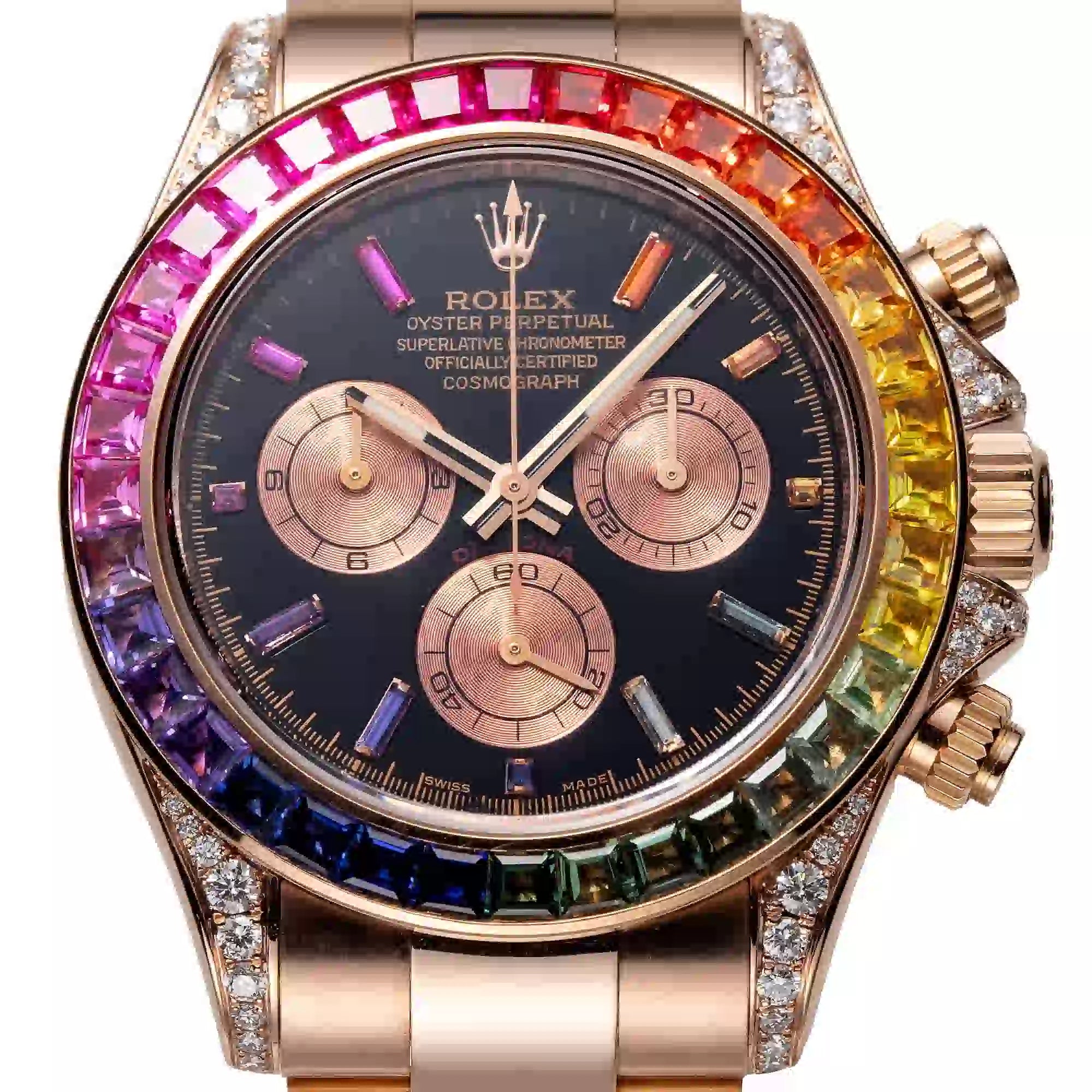 Close up - Rolex Daytona 18ct Everose Gold Custom Rainbow