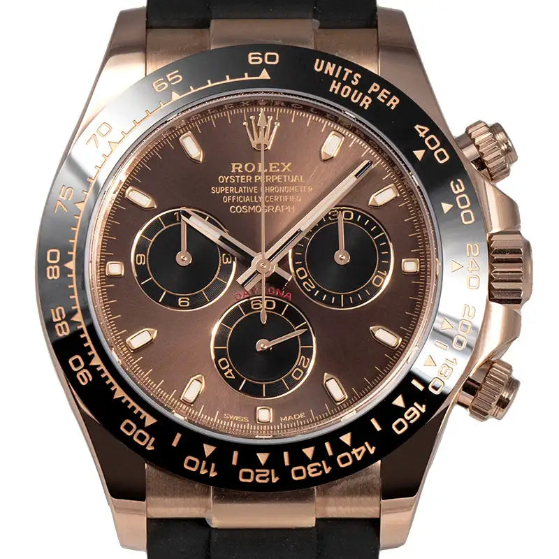 Close Up - Rolex Daytona 18ct Everose Gold Oysterflex Chocolate Dial