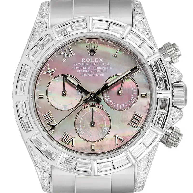 Close up - Rolex Daytona 18ct White Gold Diamond Set Tahiti Mother of Pearl Dial