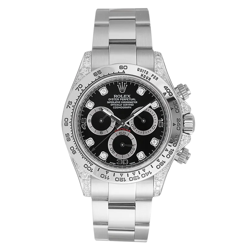Full view - Rolex Daytona 18ct White Gold Diamond Set with Black/Diamonds Dial