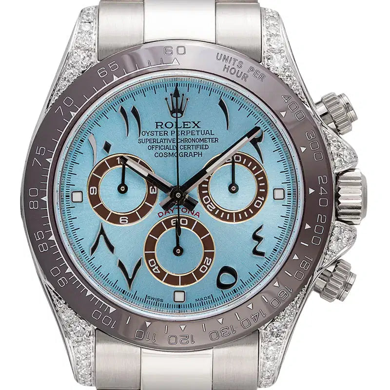 Close up - Rolex Daytona 18ct White Gold Diamond Set with Custom Dial & Bezel