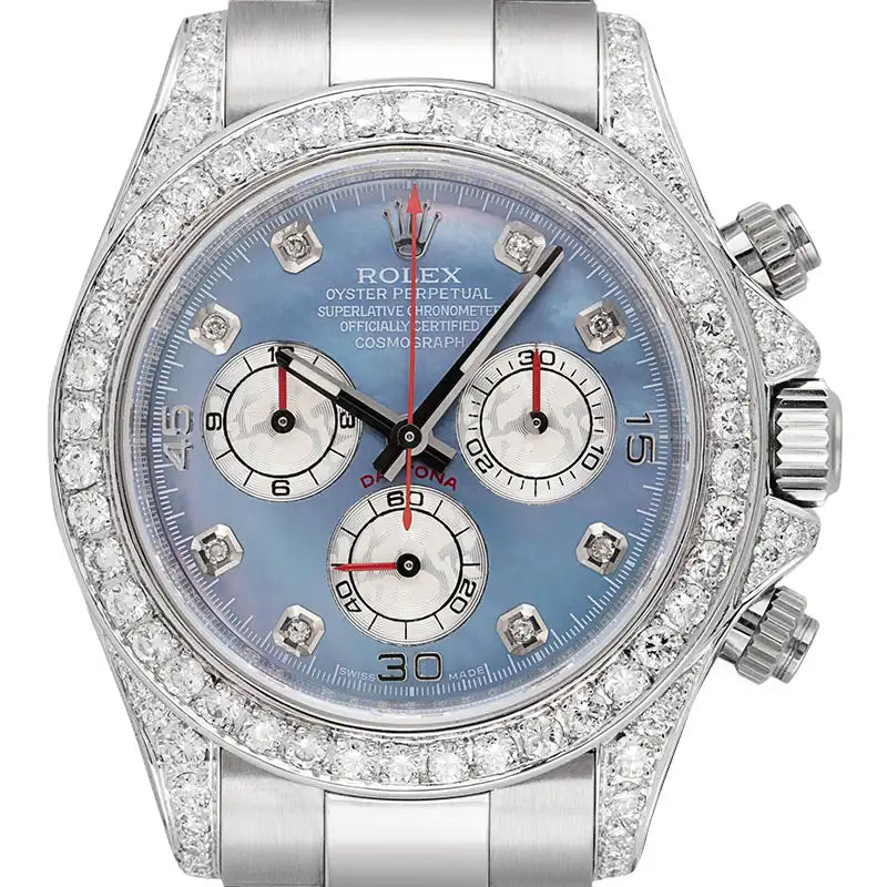 Close up - Rolex Daytona 18ct White Gold Diamond Set with Custom MOP Dial