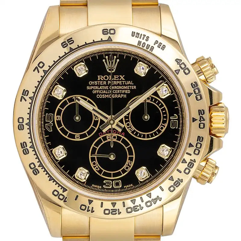 Close up - Rolex Daytona 18ct Yellow Gold Black/Diamonds Dial Watch 116508