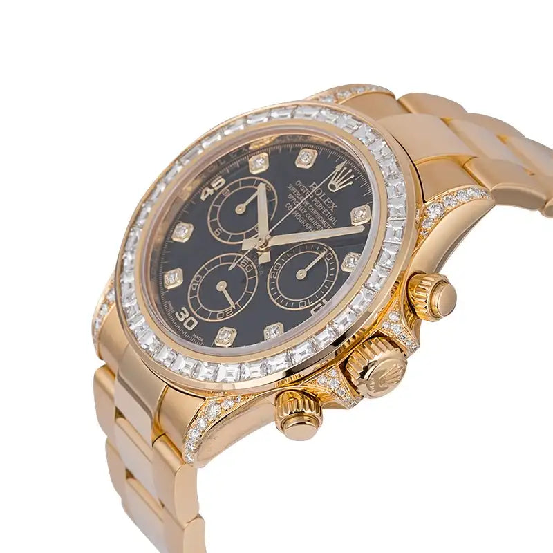 Side View - Rolex Daytona 18ct Yellow Gold Custom Diamond Set with Factory Black/Diamonds Dial