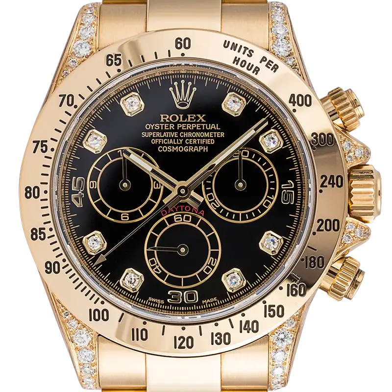 Close up - Rolex Daytona 18ct Yellow Gold Diamond Set Black/Diamonds Dial