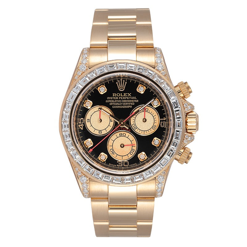 full view of the Rolex Daytona 18ct Yellow Gold Diamond Set with Custom Baguette-Cut Diamond Bezel