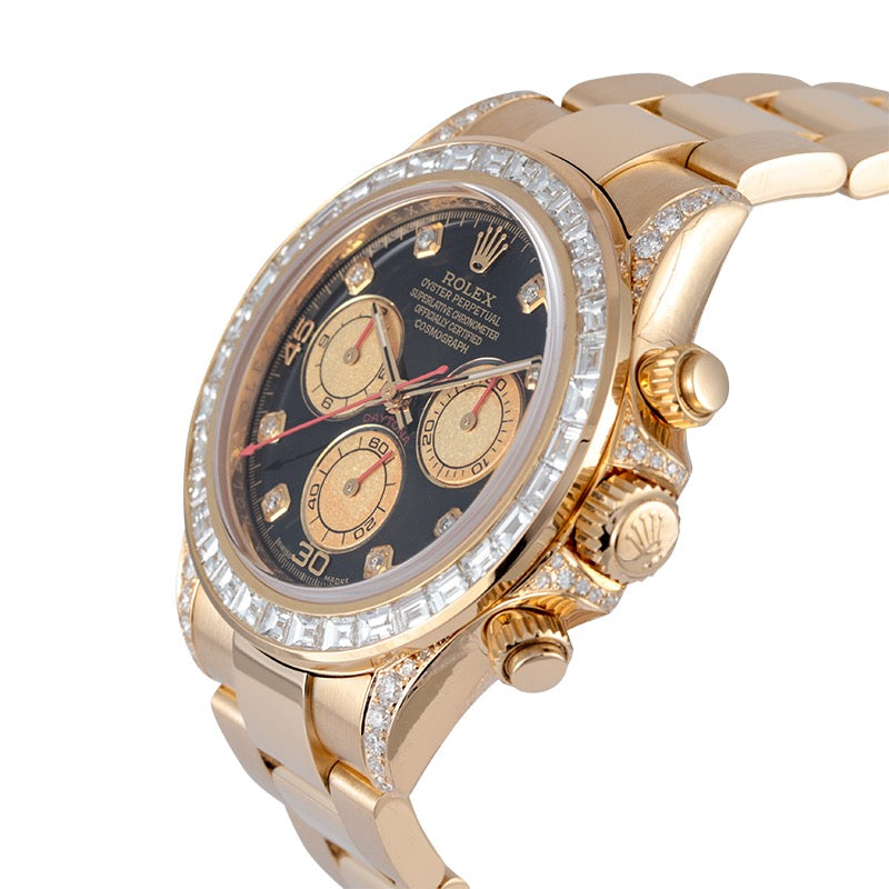 side view of the Rolex Daytona 18ct Yellow Gold Diamond Set with Custom Baguette-Cut Diamond Bezel