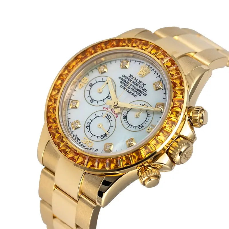 Side view - Rolex Daytona 18ct Yellow Gold with Custom Orange Bezel & MOP Dial